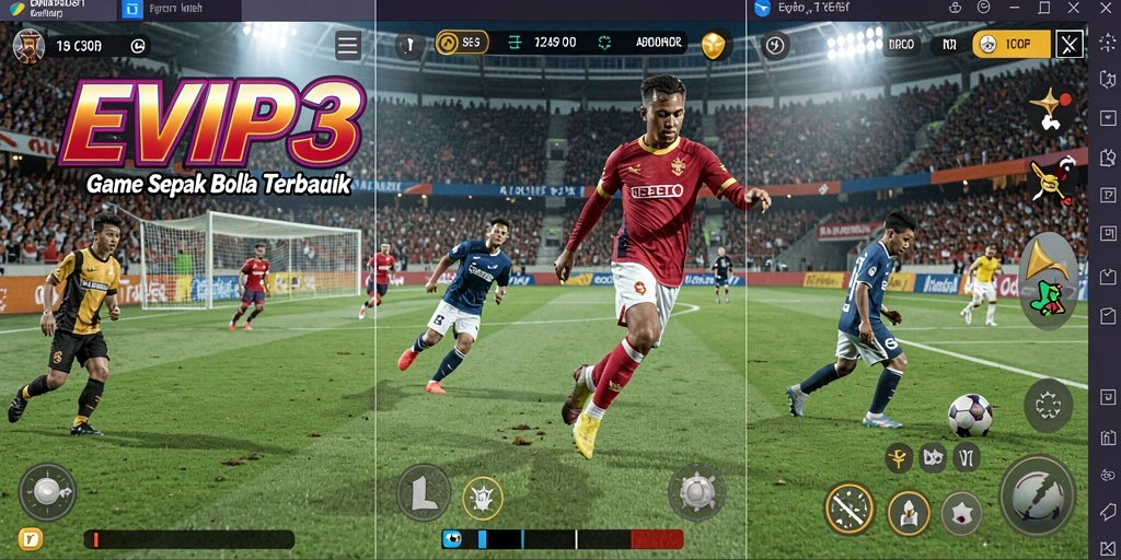 Tampilan gameplay EVIP3 yang menarik dan penuh aksi pertandingan sepak bola.