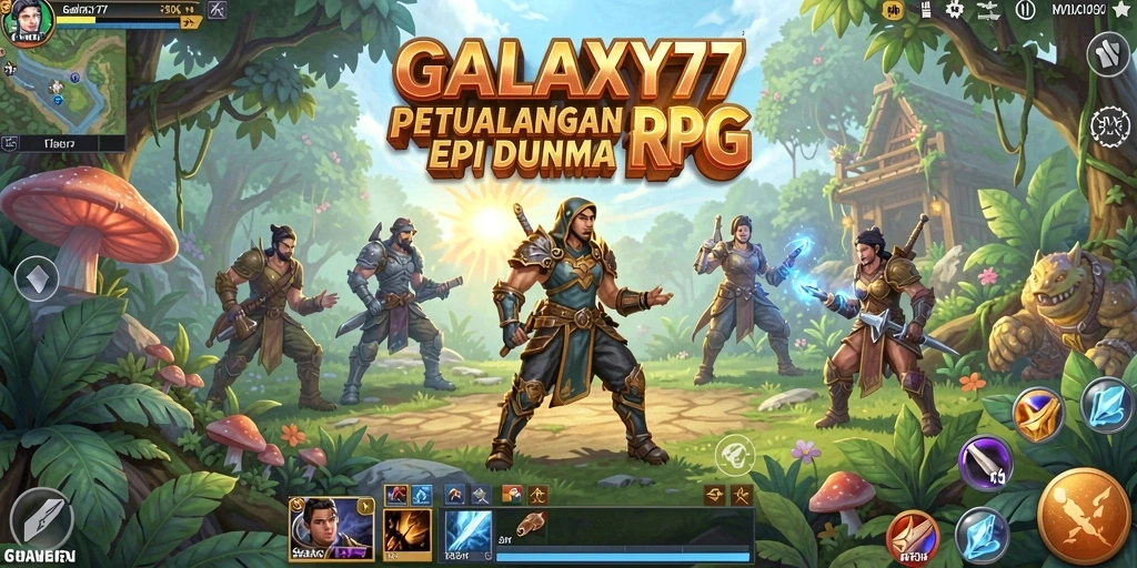 Screenshot utama GALAXY77 menampilkan aksi RPG seru dan karakter berani.