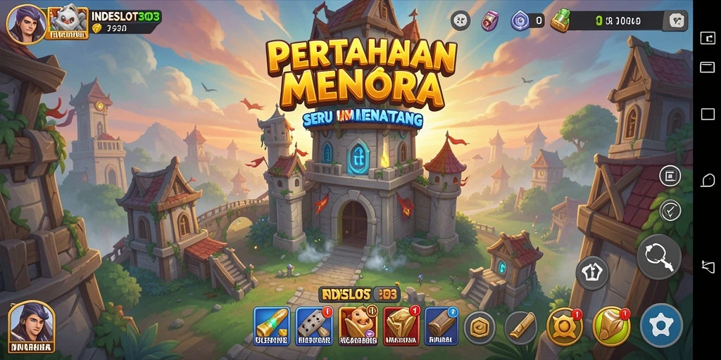 Screenshot gameplay INDESLOT303 dengan menara pertahanan dan serangan musuh.