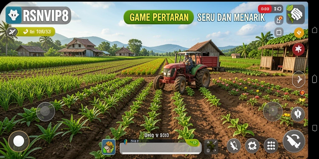 Gameplay RSNVIP8 yang menampilkan ladang hijau subur dan aktivitas bertani.